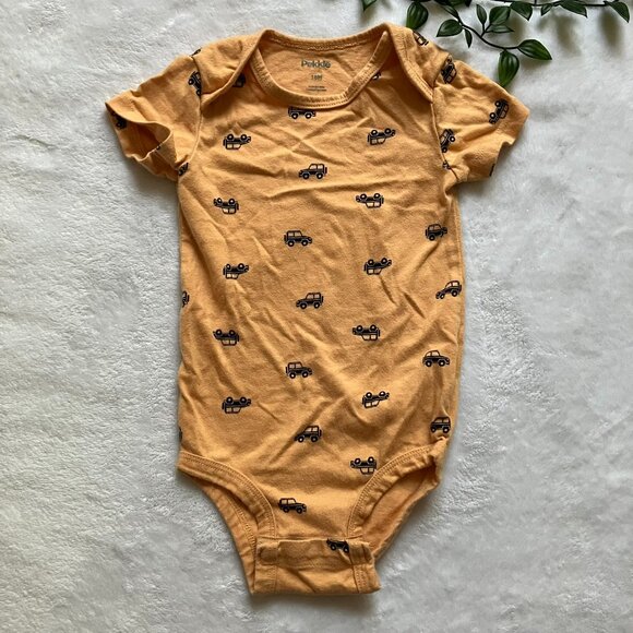 Pekkle Baby Toddler Bodysuit Short Sleeve Shirt 18M | Mustard Yellow Vehicle GUC - Picture 1 of 13